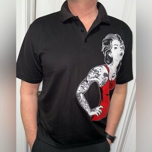 Tattoo Golf Sz Large Black Polo Shirt Red Graphic Tattooed Woman